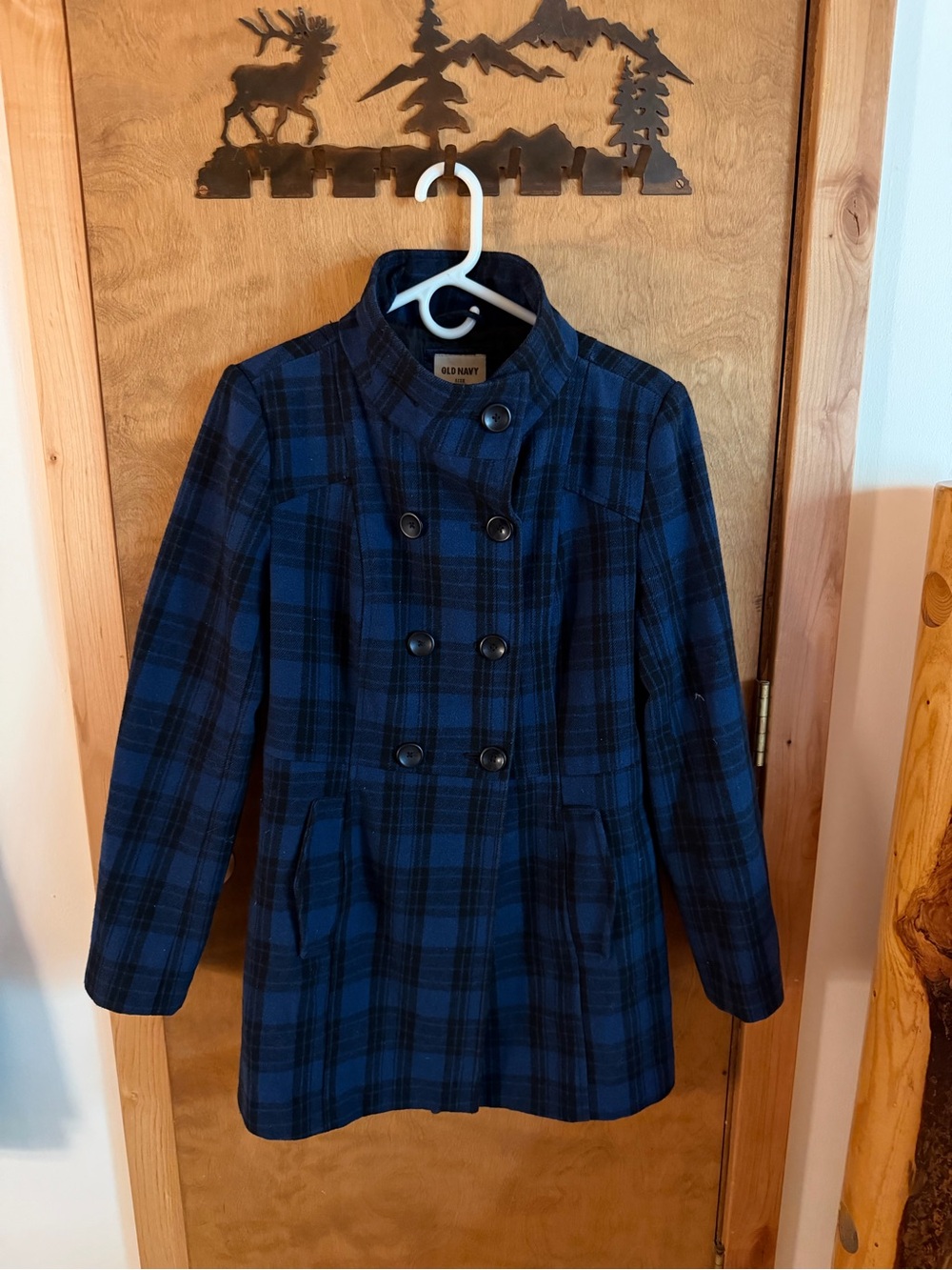 Old Navy Blue and Black Plaid Coat with Stand Collar